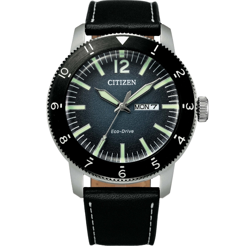CITIZEN 星辰 GENTS系列蔚藍之海光動能小牛皮時尚腕錶 AW0077-19L