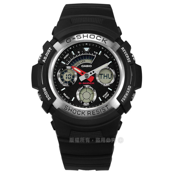 G-SHOCK CASIO / AW-590-1A / 卡西歐 雙顯 計時碼錶 防水200米 運動衝浪 橡膠手錶 黑色 46mm