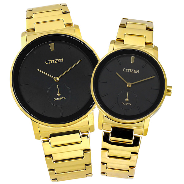 CITIZEN / BE9182-57E.EQ9062-58E / 簡約時尚 日本機芯 不鏽鋼手錶 情人對錶 黑x鍍金 42mm+34mm