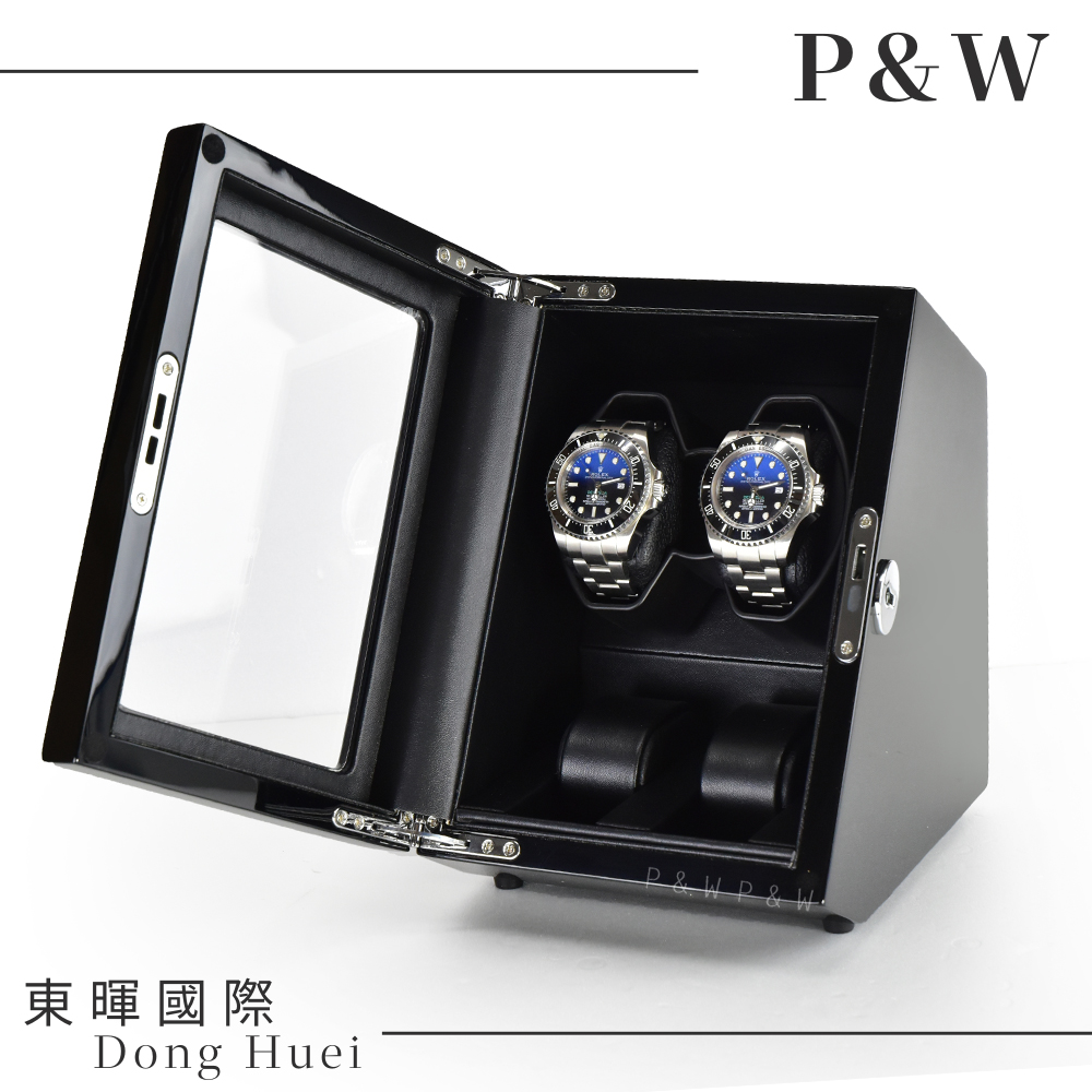 【P&W手錶上鍊盒】【玻璃鏡面】2+2支裝 5種轉速設定 矽膠錶枕【鋼琴烤漆】 機械錶專用 旋轉盒 錶盒