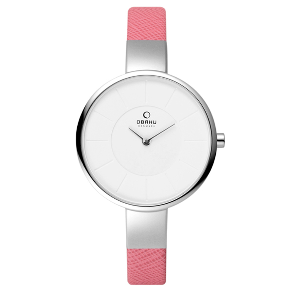 OBAKU 采麗時刻時尚腕錶-銀框x粉紅皮帶