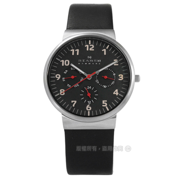SKAGEN / SKW6096 / 北歐丹麥卓越品味三環視窗真皮手錶 黑色 36mm