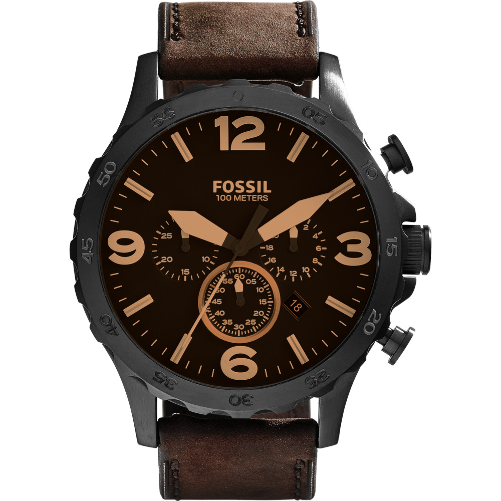FOSSIL Nate 世紀戰神三眼計時腕錶-咖啡 JR1487