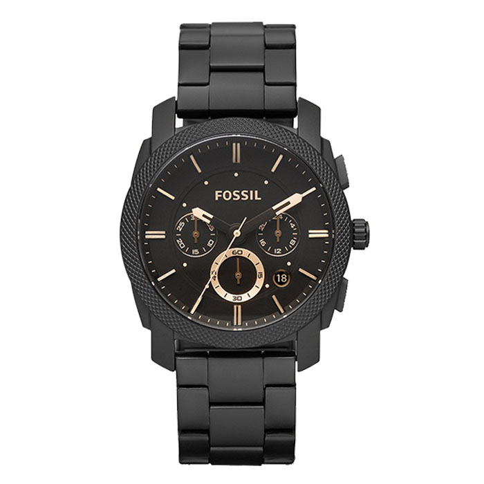 【FOSSIL】FS4682 金屬工業風格三眼計時腕錶 黑鋼 45mm