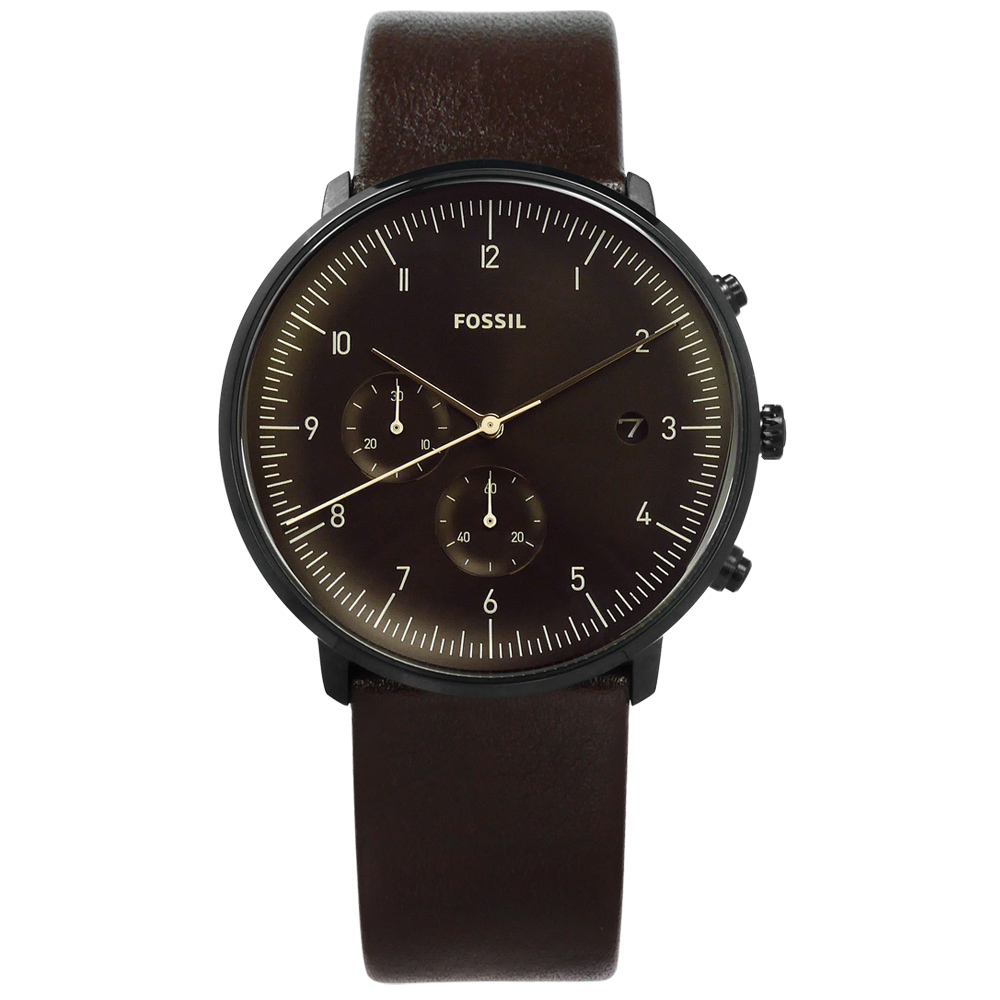 FOSSIL / FS5485 / 都會魅力 礦石強化玻璃 計時功能 日期 日本機芯 真皮手錶 深褐色 42mm