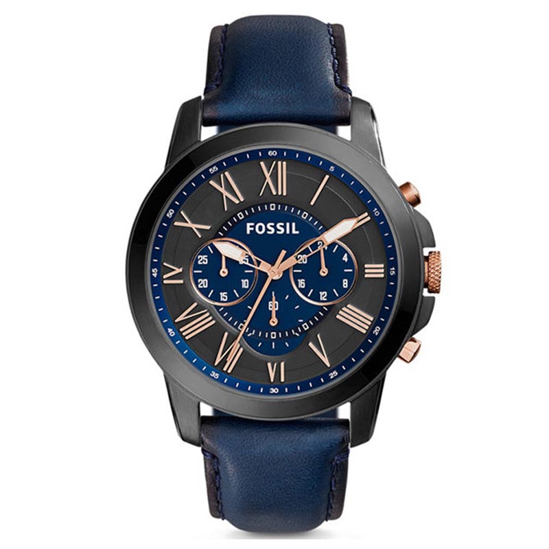 【FOSSIL】FS5061IE Grant 羅馬時標三眼計時腕錶 皮帶 黑鋼/深藍 44mm