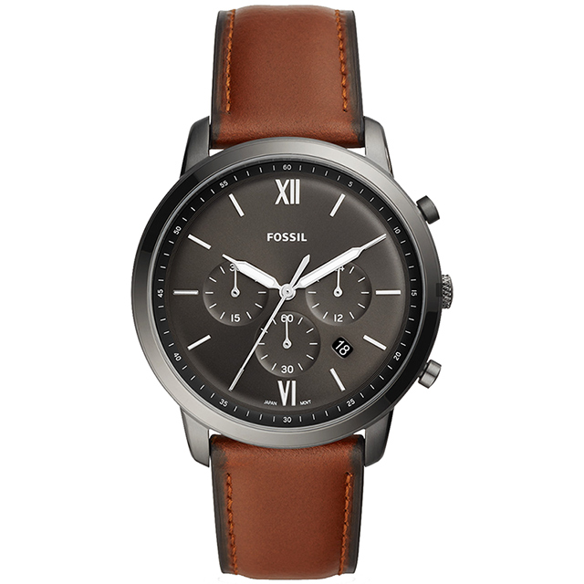 FOSSIL NEUTRA 時尚流行計時手錶-黑x咖啡錶帶/44mm FS5512