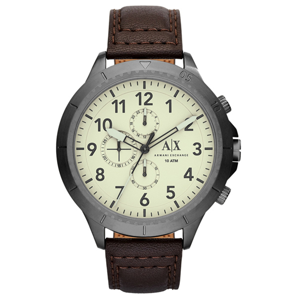 A│X Armani Exchange 時刻終戰三眼計時腕錶-白X深咖啡皮帶