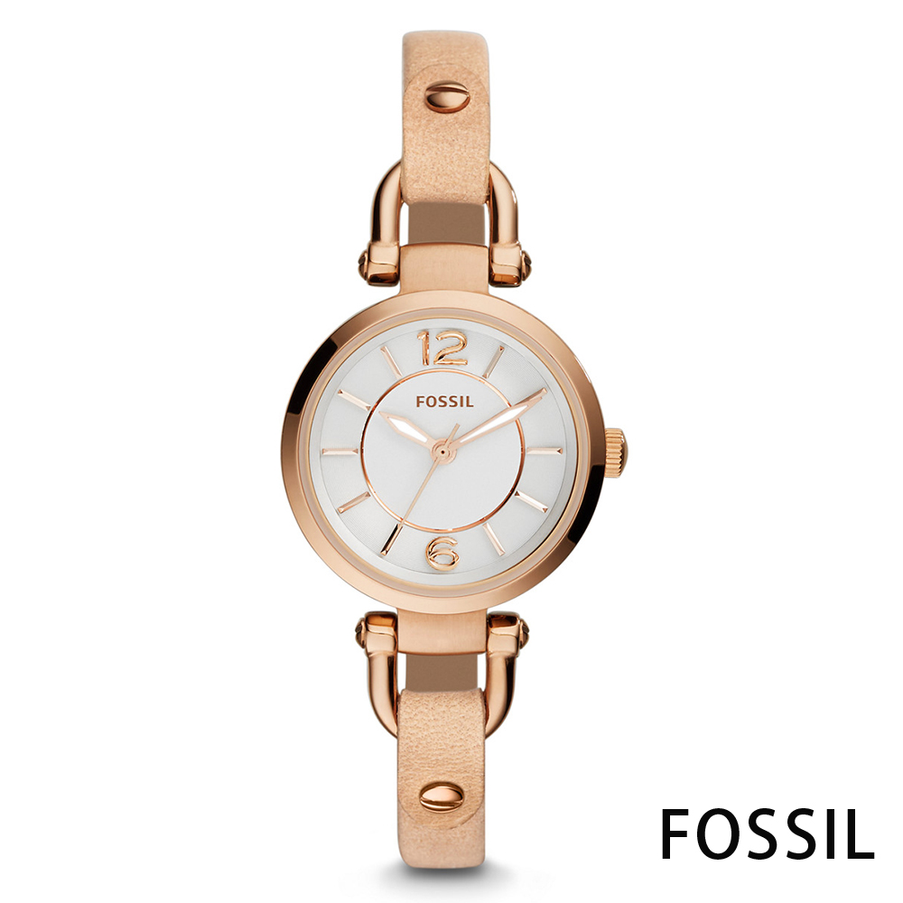 FOSSIL 永恆經典GEORGIA系列皮革手錶(ES3745)-玫瑰金框x淺咖/26mm