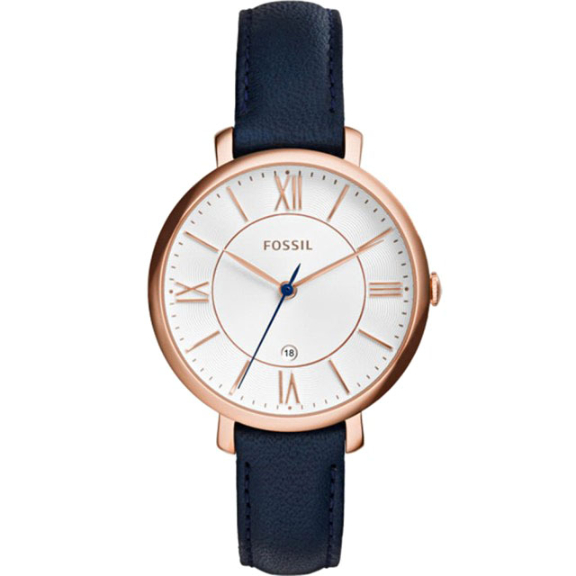 【FOSSIL】Jacqueline 系列羅馬皮時尚腕錶-藍36mm(ES3843)
