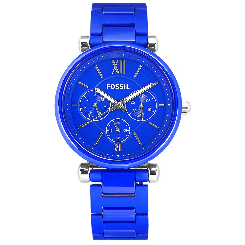 FOSSIL / LE1097 / 限量版 Carlie 優雅迷人 三眼三針 日本機芯 陶瓷手錶 寶藍色 38mm
