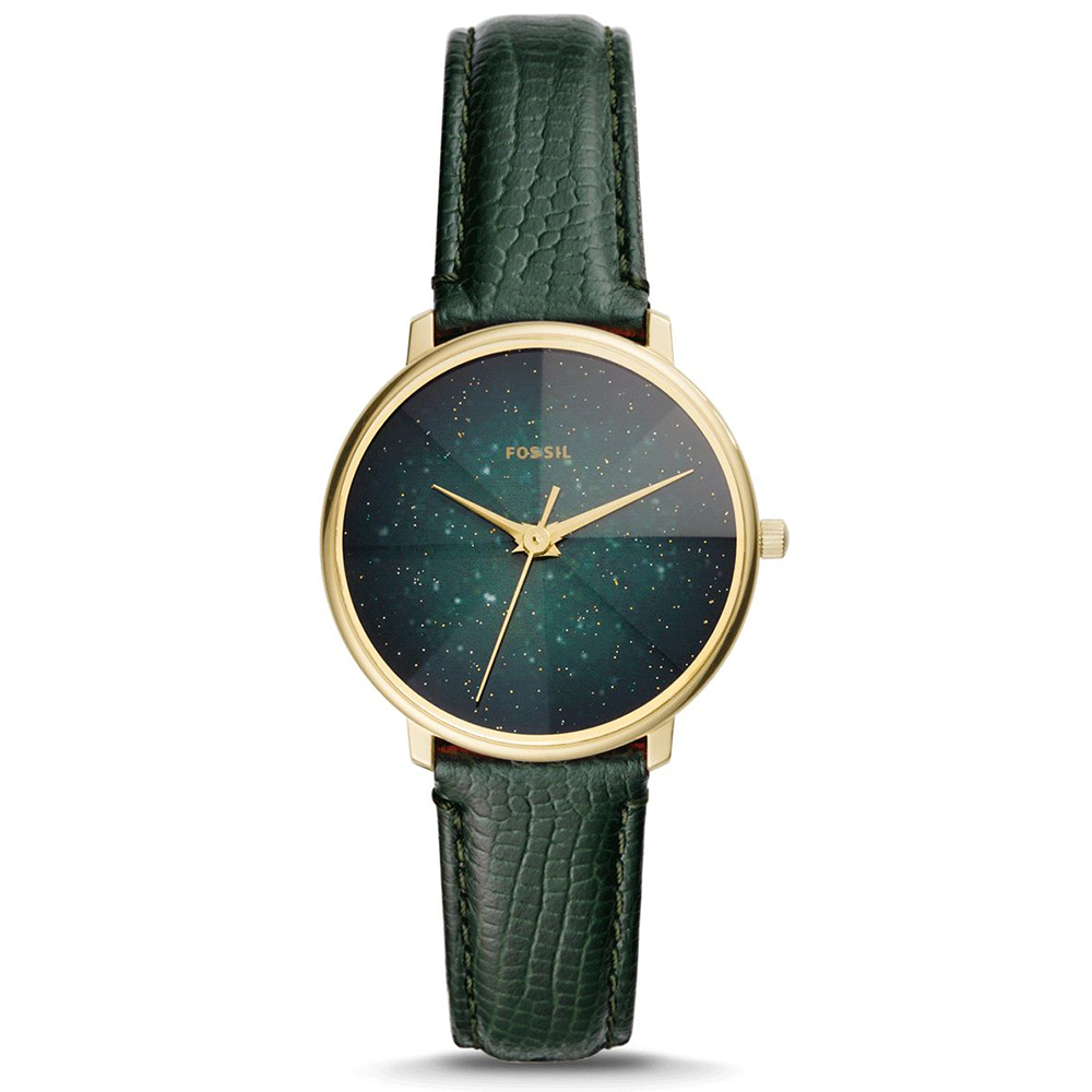 FOSSIL 星彩稜鏡光壓紋皮革石英腕錶(ES4730)-綠/33mm