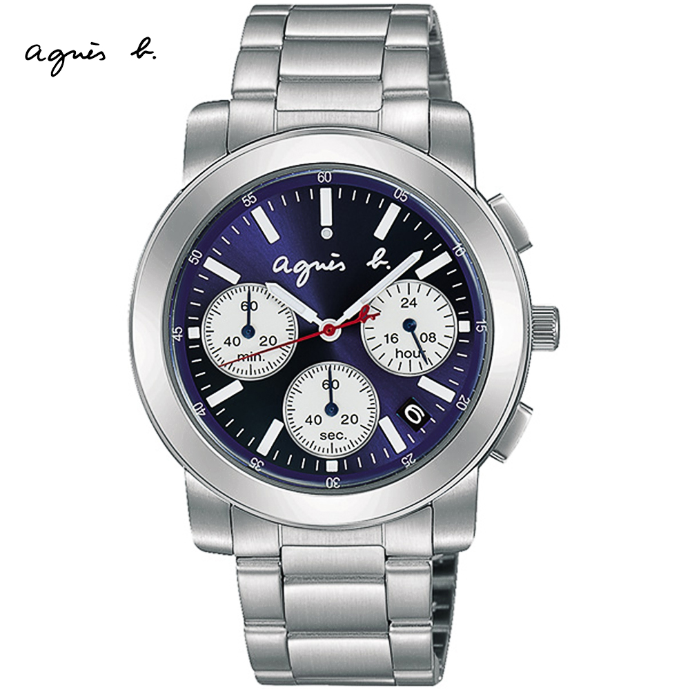 agnes b. 純粹時尚 三眼計時腕錶(銀X藍/38mm) BT3029X1