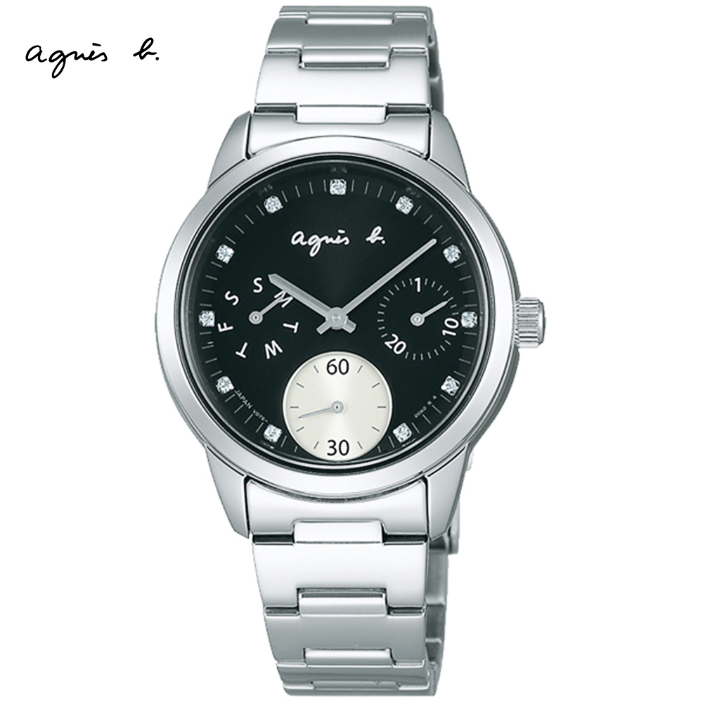 agnes b. 閃亮晶鑽時尚女錶(黑x銀/32mm) BP6001J1 VD75-00A0D