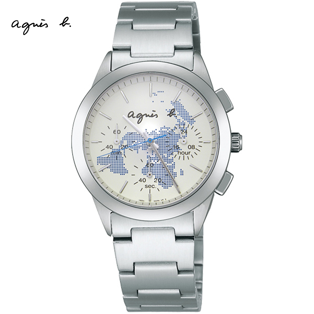 agnes b. 全球旅行世界地圖三眼計時中性錶-藍 BWY059P1