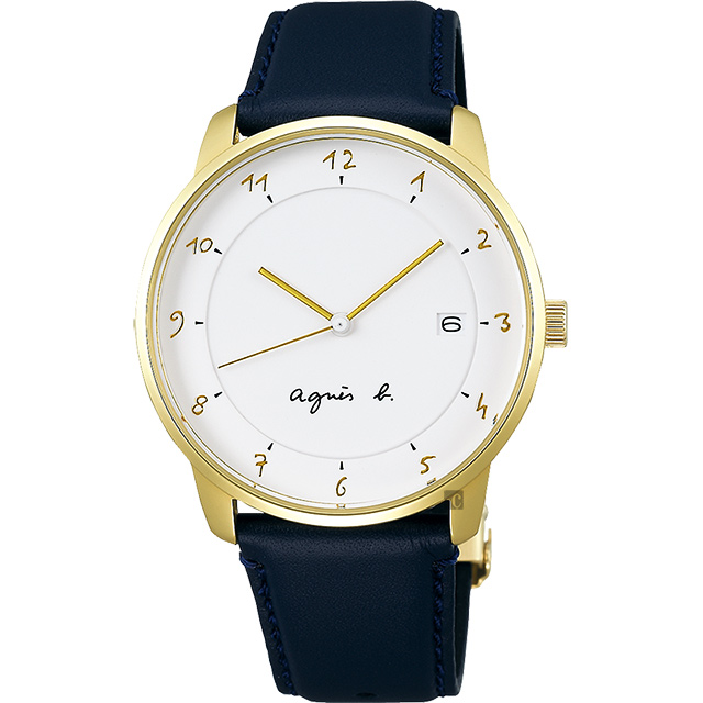 【agnes b.】法國時尚簡約手錶-白x金框x藍/38mm(VJ42-KZ30B BS9005J1)