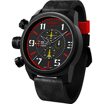 elegantsis Army 叢林戰鬥強悍三眼計時腕錶-黑x紅 ELJF48-OR02LC