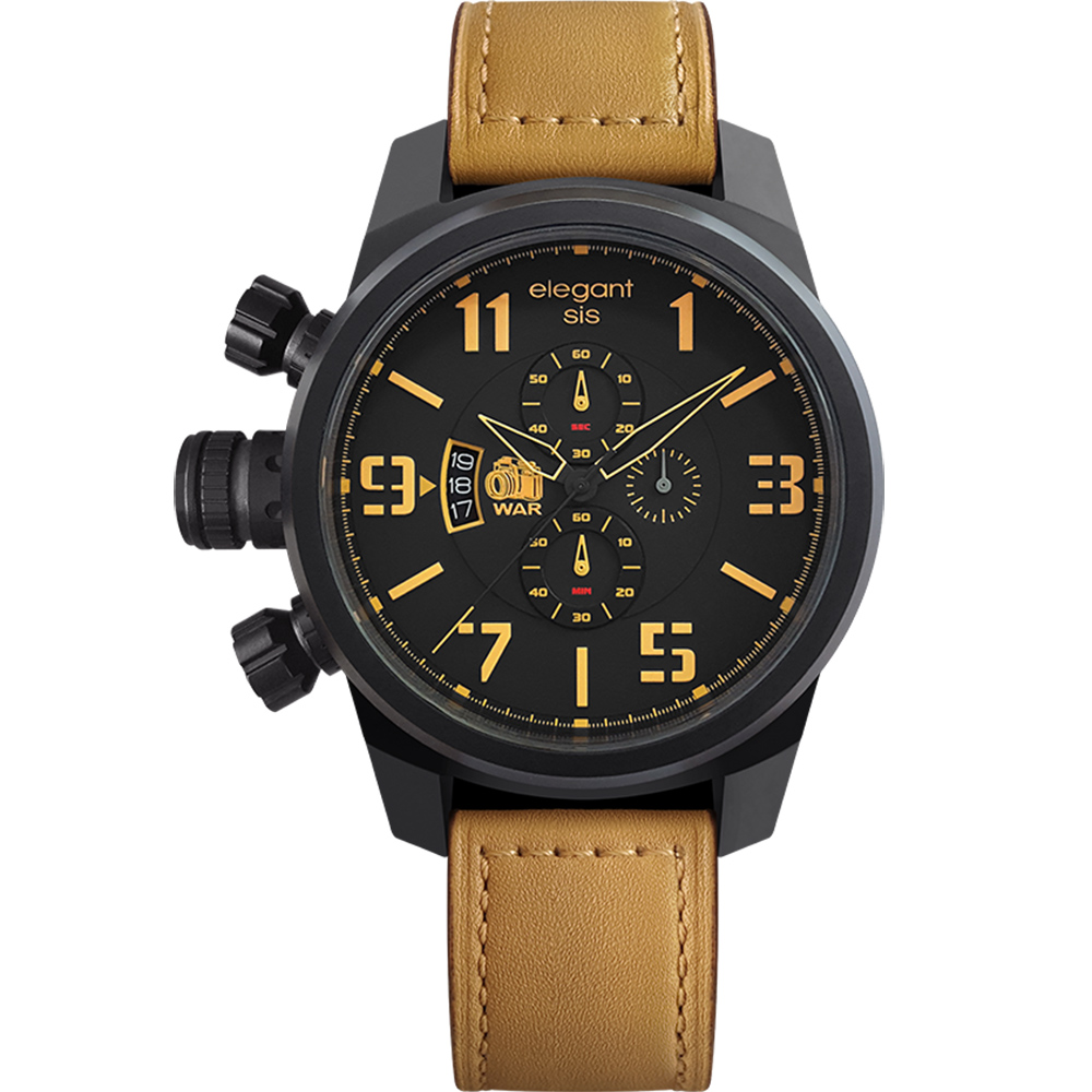 elegantsis Army 戰地記者三眼計時腕錶-黑x卡其 ELJT48-OB09LC