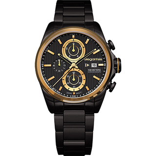elegantsis Fashion 領先風範三眼計時腕錶-黑x金/45mm ELJT42R-6B04MA