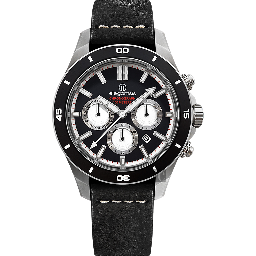 elegantsis JT65R 騎士系列三眼計時腕錶-黑/48mm ELJT65R-6B03LC