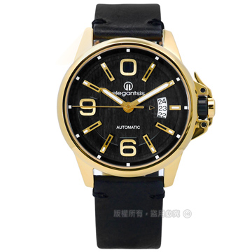 elegantsis / ELJT55A-NB03LC / 品味強勢回歸機械真皮手錶 黑x金框 44mm