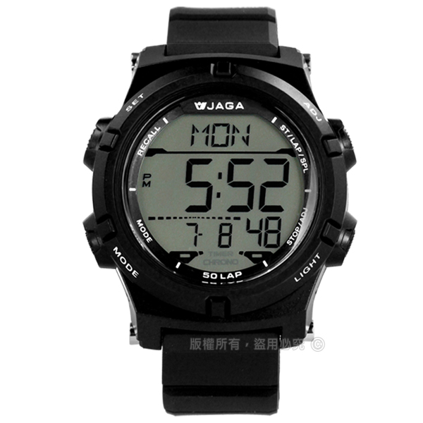JAGA 捷卡 / M1192-A / 電子運動 倒數計時 計時碼錶 鬧鈴 日常生活防水 橡膠手錶 黑色 47mm