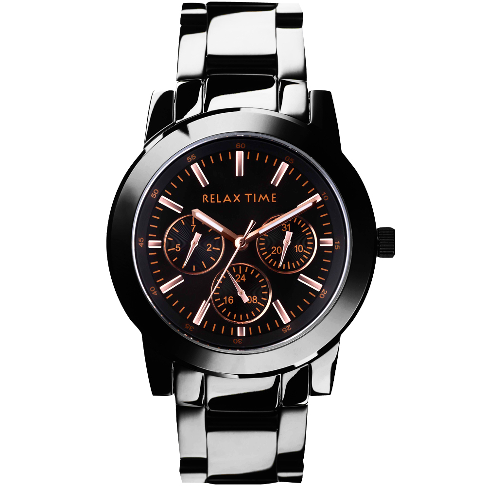 Relax Time 時尚達人日曆顯示腕錶-/IP黑x玫塊金時標/42mm R0800-16-10X