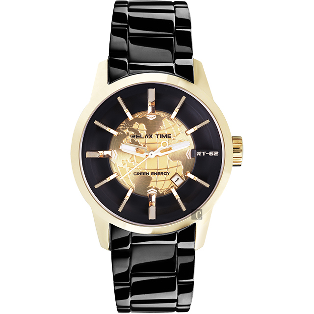 RELAX TIME RT62系列 人動電能地球腕錶-金框x黑/45mm RT-62-3