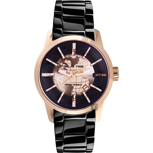 RELAX TIME RT62系列 人動電能地球腕錶-玫塊金框x黑/45mm RT-62-5