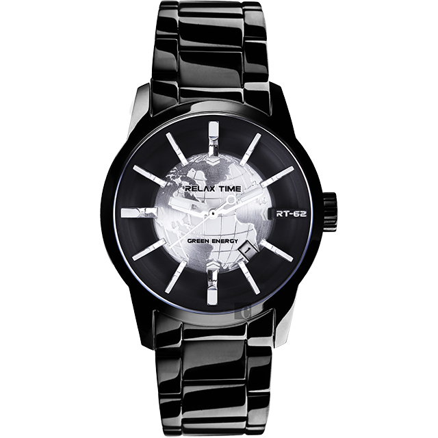 RELAX TIME RT62系列 人動電能地球腕錶-銀x黑/45mm RT-62-1