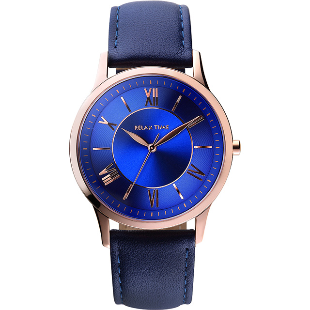 RELAX TIME RT58 經典學院風格手錶-藍x玫瑰金框/42mm RT-58-12M