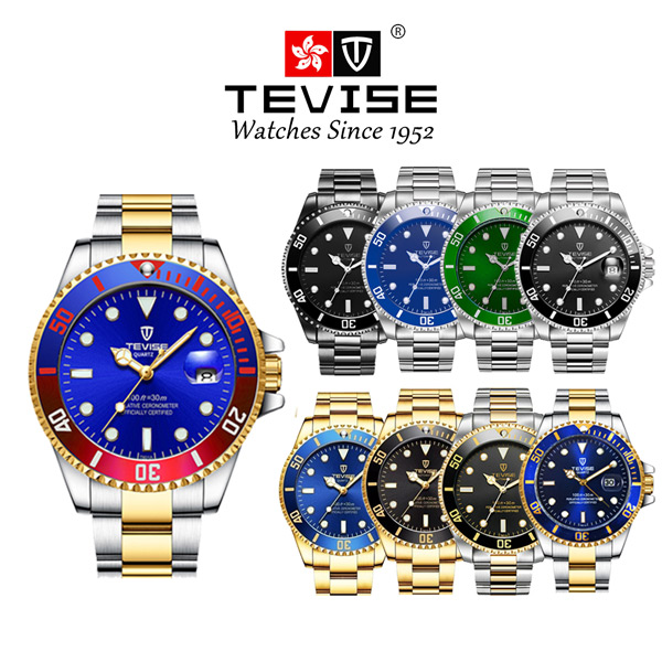 TEVISE 特威斯 T801 時尚潮流經典水鬼系列夜光指針鋼帶錶