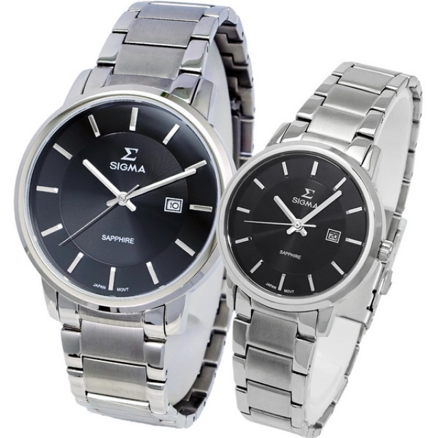【SIGMA】簡約時尚 藍寶石鏡面情人對錶 1122M-1 1122L-1 黑/銀 平價實惠的好選擇