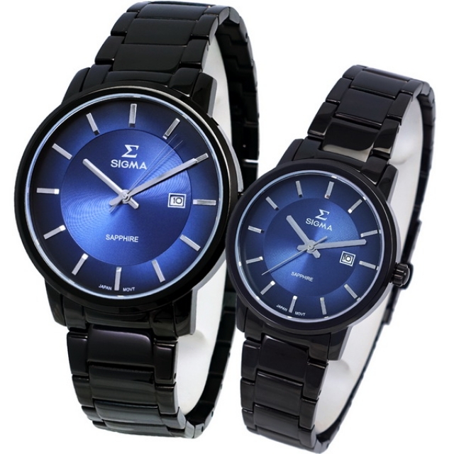 【SIGMA】簡約時尚 藍寶石鏡面情人對錶 1122M-B3 1122L-B3 藍/黑鋼 平價實惠的好選擇