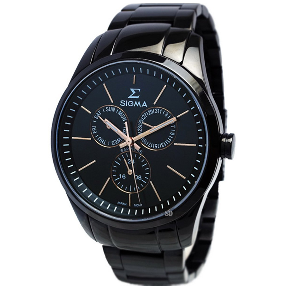 【SIGMA】簡約時尚 藍寶石鏡面三眼日期黑鋼腕錶 9815MBRG 玫瑰金 42mm 平價實惠的好選擇