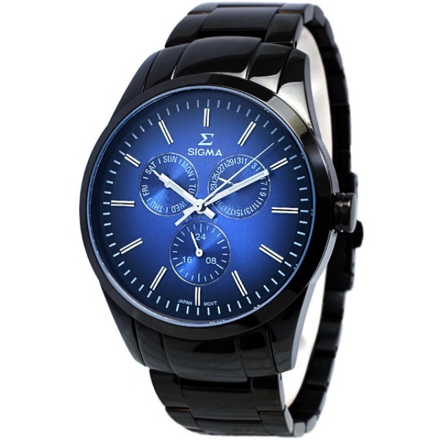 【SIGMA】簡約時尚 藍寶石鏡面三眼日期黑鋼腕錶 9815MB13 藍 42mm 平價實惠的好選擇