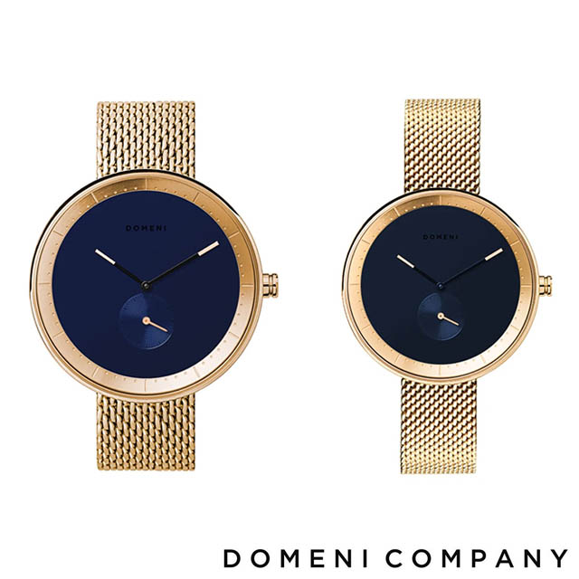 【DOMENI COMPANY】經典系列不鏽鋼單眼情人對錶 米蘭錶帶/魅力藍錶盤-金(GBM01)