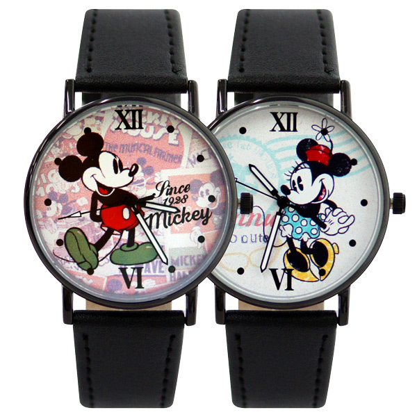 Disney 迪士尼經典組合米奇米妮復古黑色皮帶錶
