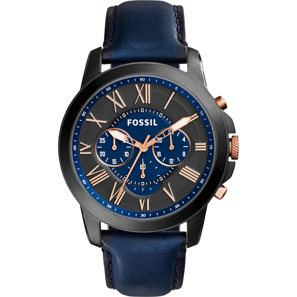 FOSSIL Grant 旗艦三眼計時復刻腕錶-黑x藍/44mm (FS5061)