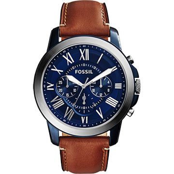 FOSSIL Grant 旗艦三眼計時腕錶-藍x棕/44mm FS5151