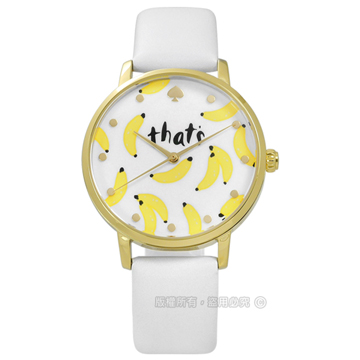 kate spade / KSW1122 / 創意隨興手繪塗鴉香蕉真皮手錶 白x金框 34mm