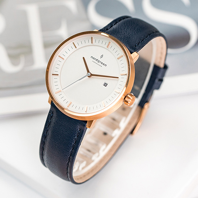 【Nordgreen】Philosopher哲學家x玫瑰金 北歐藍真皮錶帶腕錶 36mm(PH36RGLENAXX)