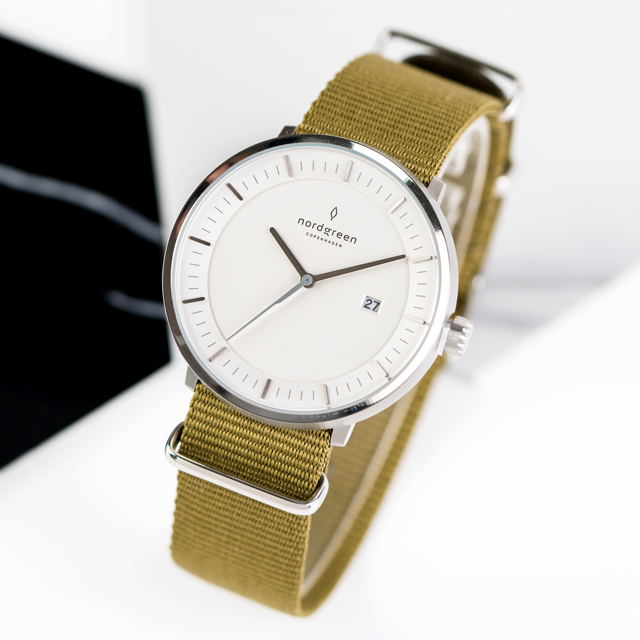 【Nordgreen】Philosopher哲學家x月光銀 波西米亞綠尼龍帶腕錶 40mm(PH40SINYAGXX)