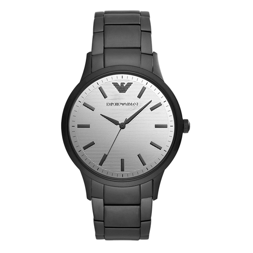 EMPORIO ARMANI 條紋鏡面時尚腕錶-黑X銀