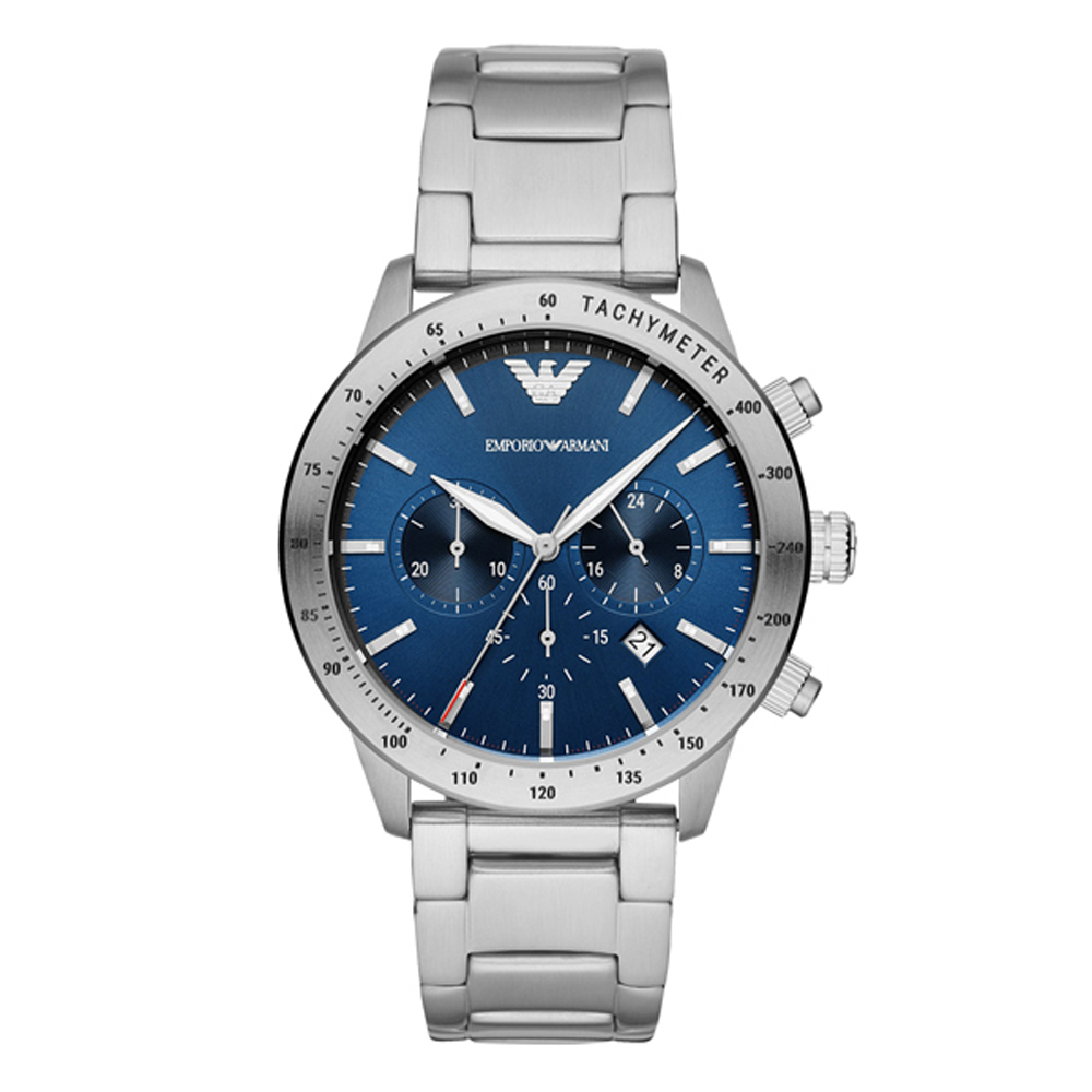 EMPORIO ARMANI 紳士時尚三眼腕錶-銀X藍