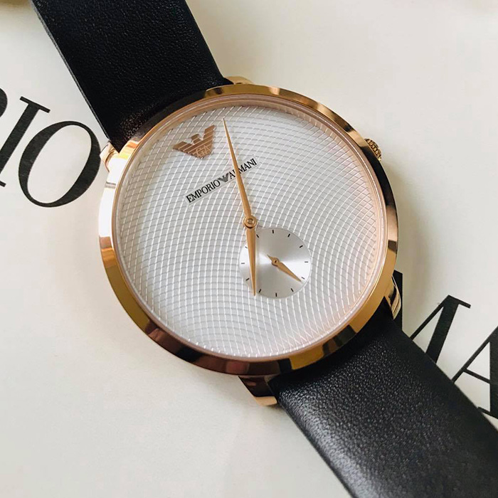 【Emporio Armani】亞曼尼 AR11163 義式品味 波狀交錯格紋時尚腕錶 皮帶 玫瑰金 42mm
