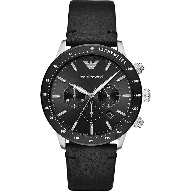 EMPORIO ARMANI 亞曼尼 個性計時手錶-黑皮帶/43mm AR11243