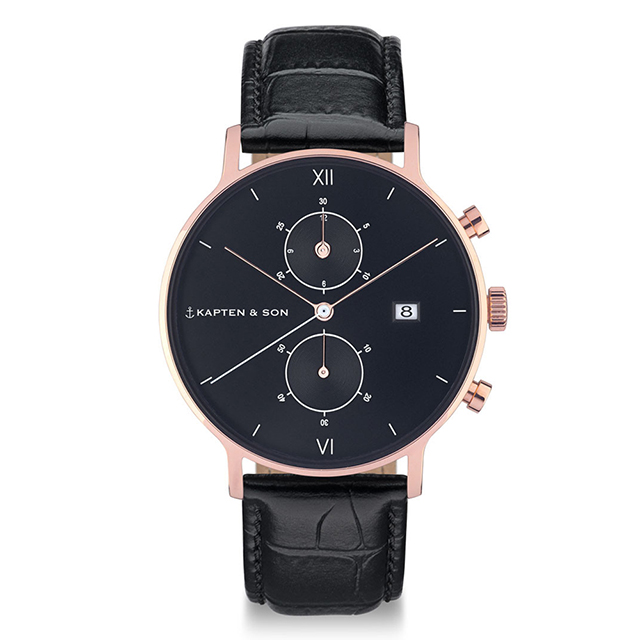 Kapten & Son CHRONO計時系列黑色錶盤鱷魚紋錶帶手錶(黑)