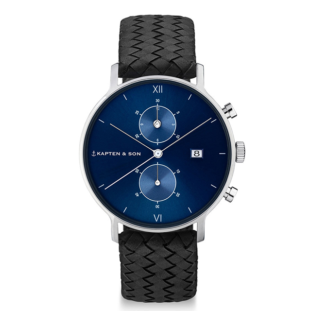 Kapten & Son CHRONO計時系列藍色錶盤編織手錶(黑)