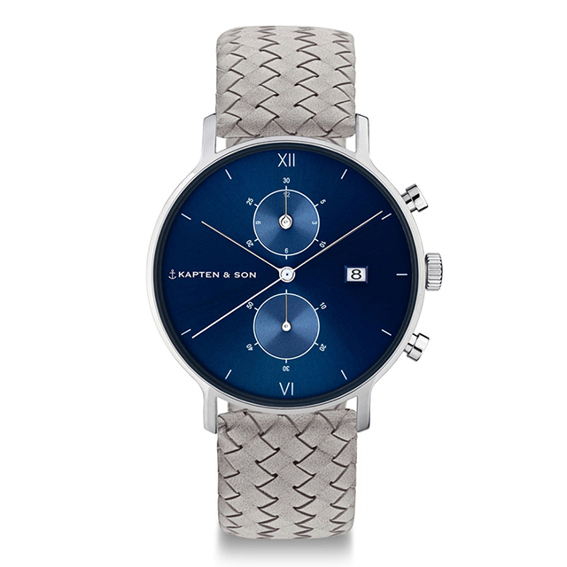 Kapten & Son CHRONO計時系列藍色錶盤編織手錶(灰)